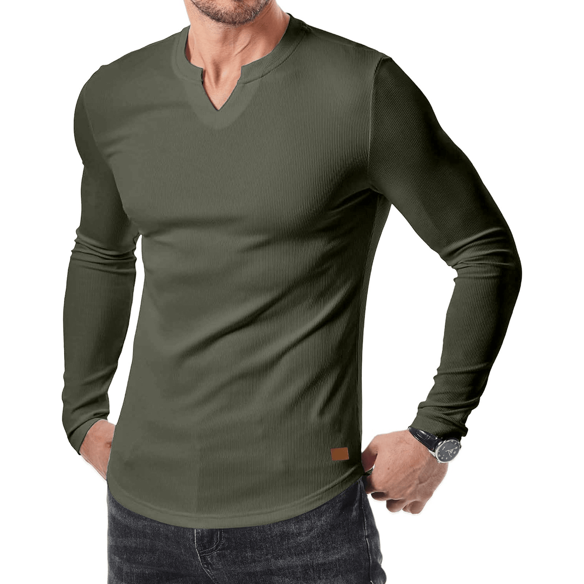 Men’s Slim-Fit V-Neck Long Sleeve T-Shirt – Casual Stretch Layering Top