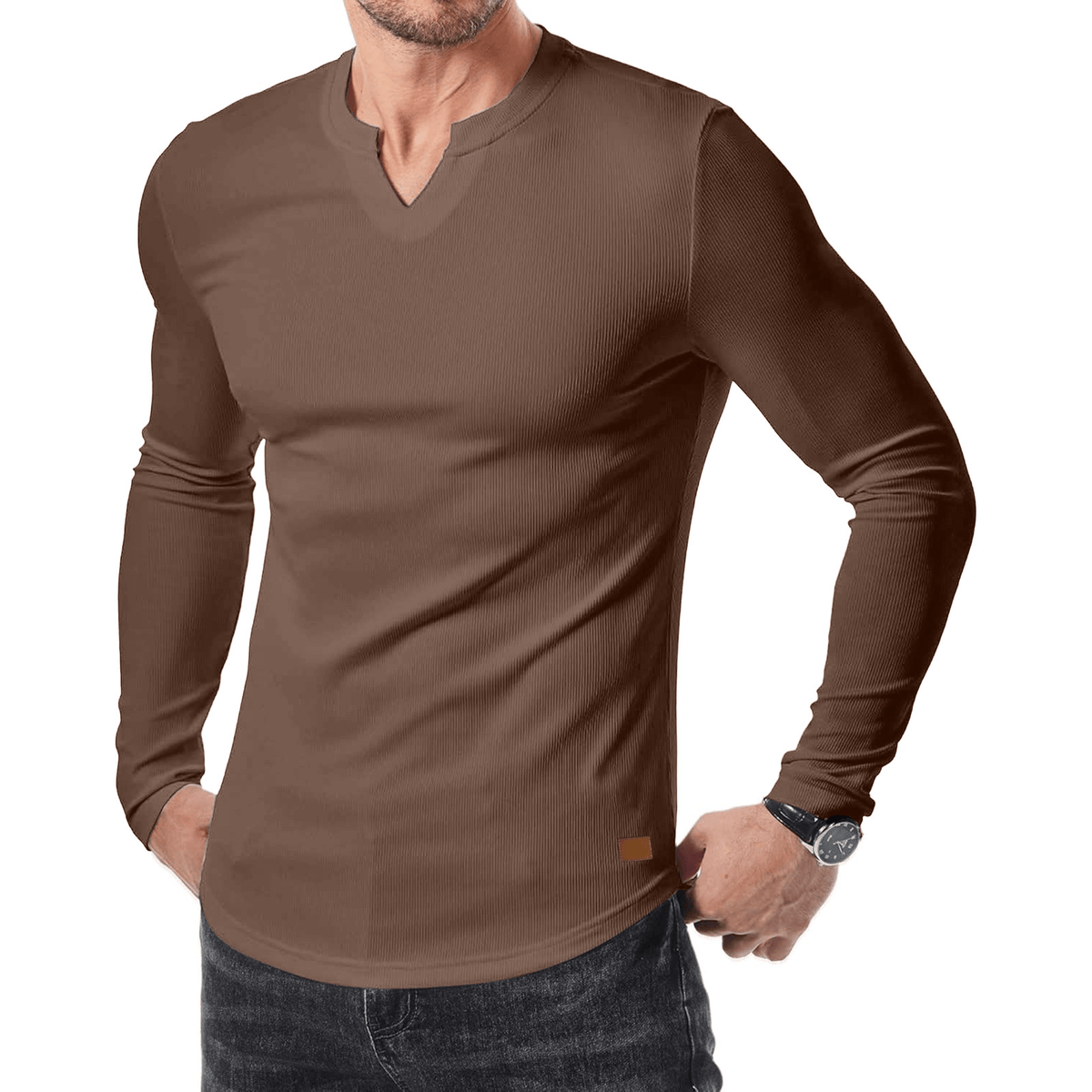 Men’s Slim-Fit V-Neck Long Sleeve T-Shirt – Casual Stretch Layering Top