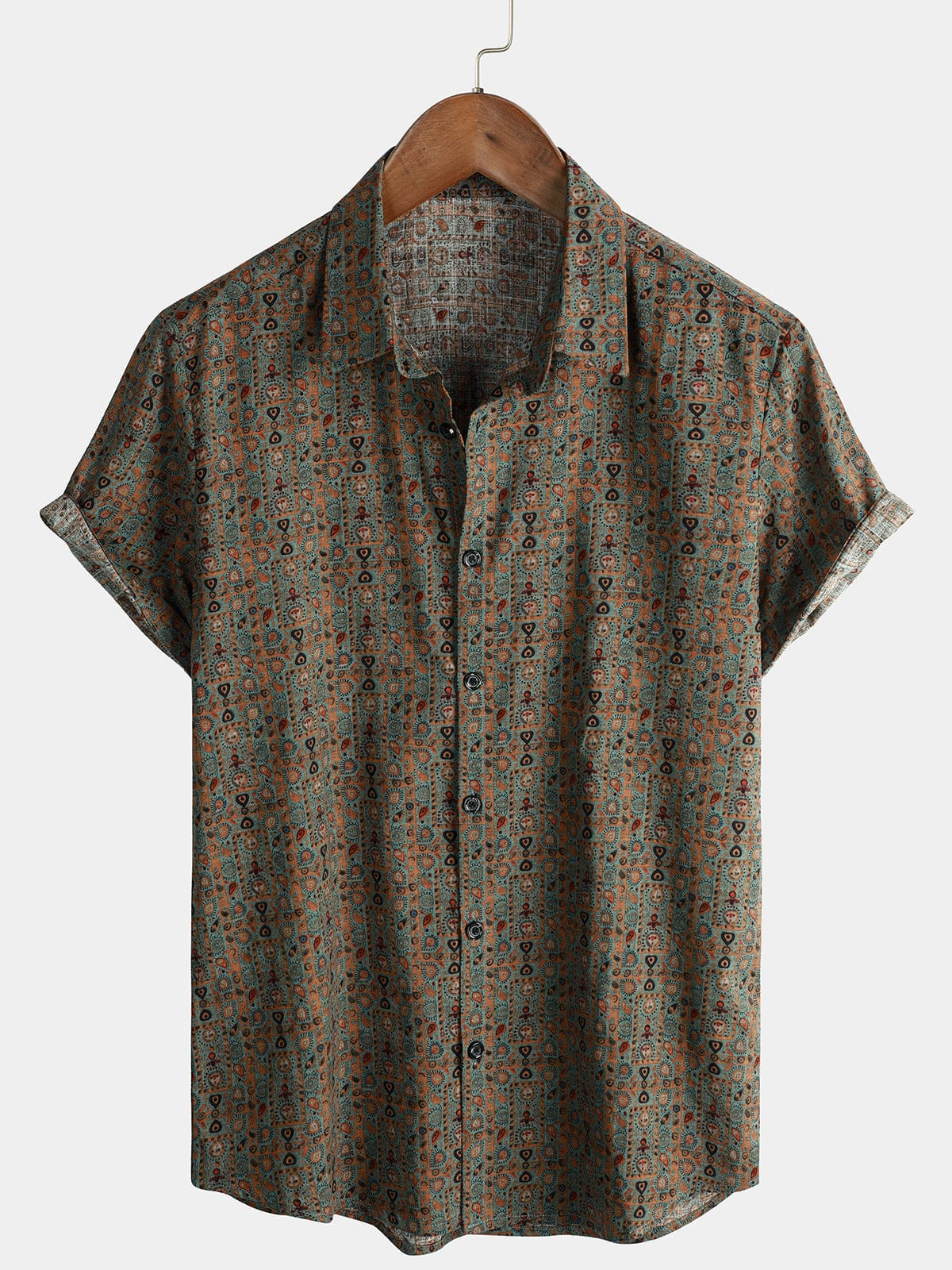 Men's 70s Vintage Brown Bohemian Tribal Retro Short Sleeve Paisley Print Shirt