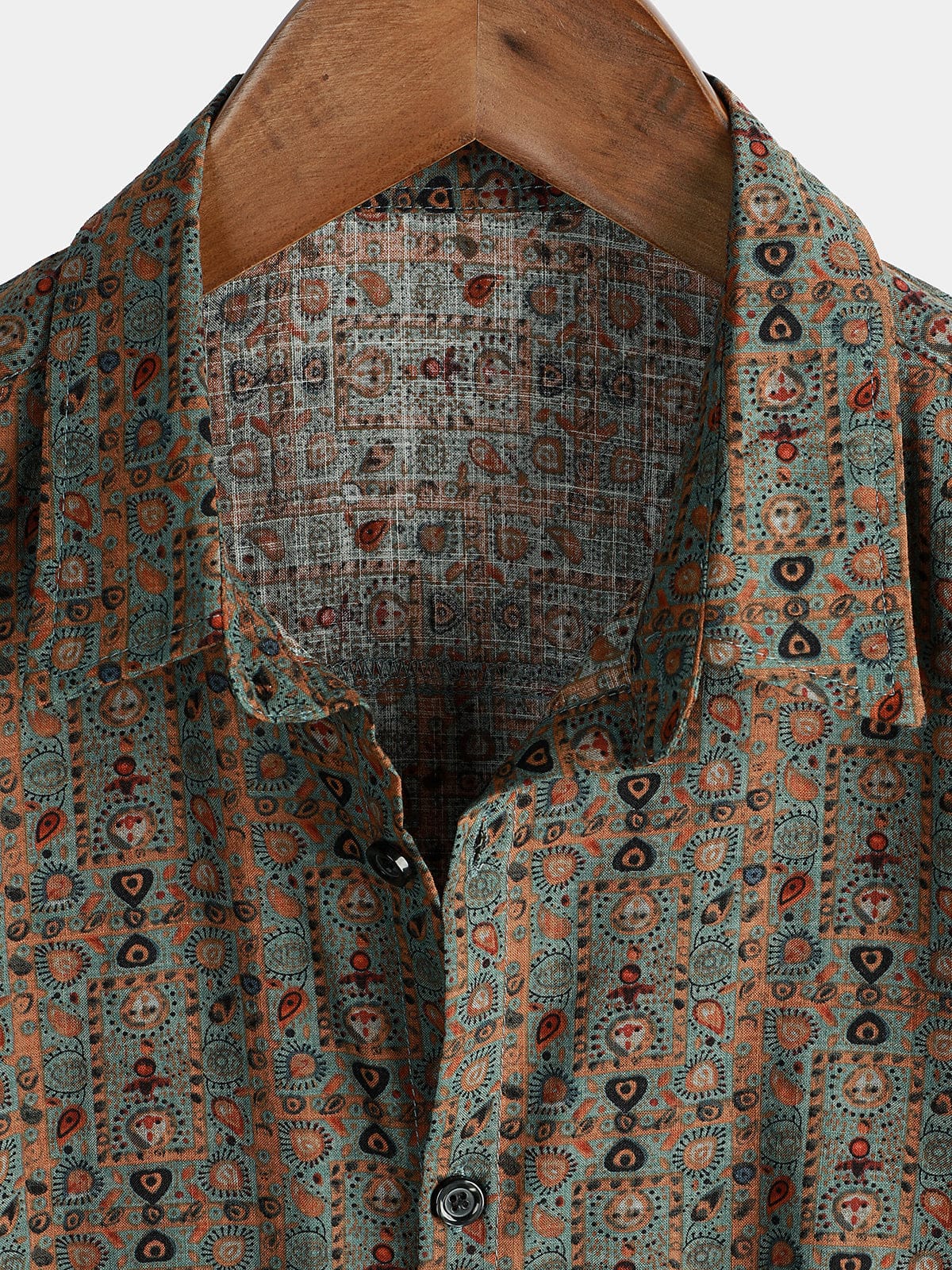 Men's 70s Vintage Brown Bohemian Tribal Retro Short Sleeve Paisley Print Shirt