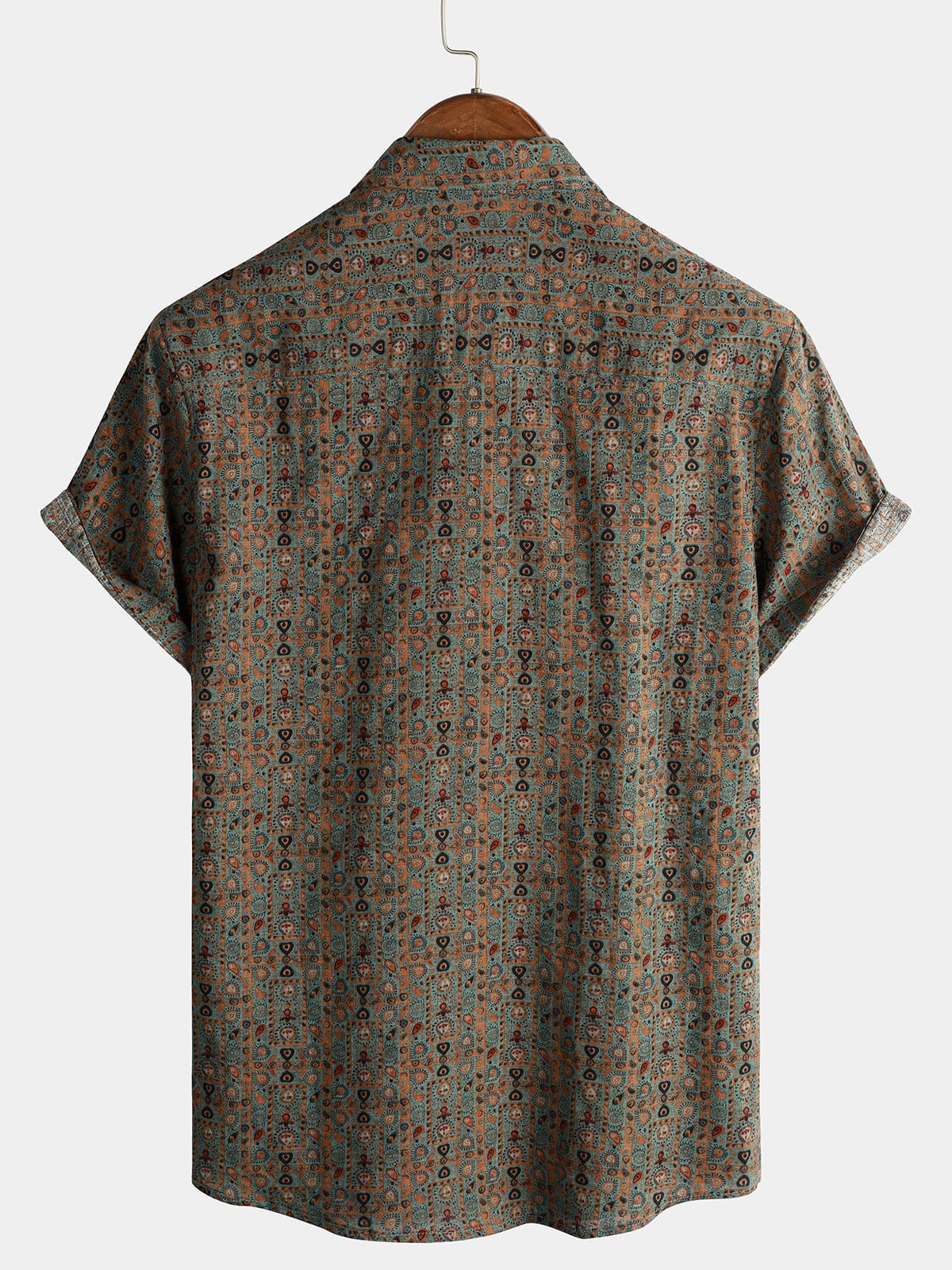 Men's 70s Vintage Brown Bohemian Tribal Retro Short Sleeve Paisley Print Shirt
