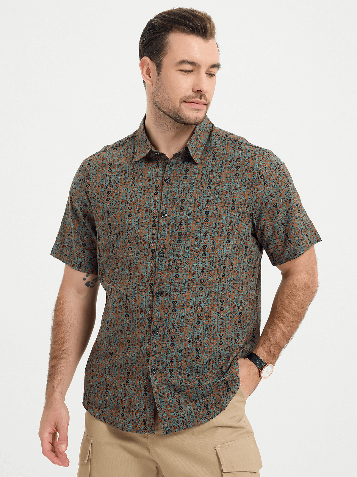 Men's 70s Vintage Brown Bohemian Tribal Retro Short Sleeve Paisley Print Shirt