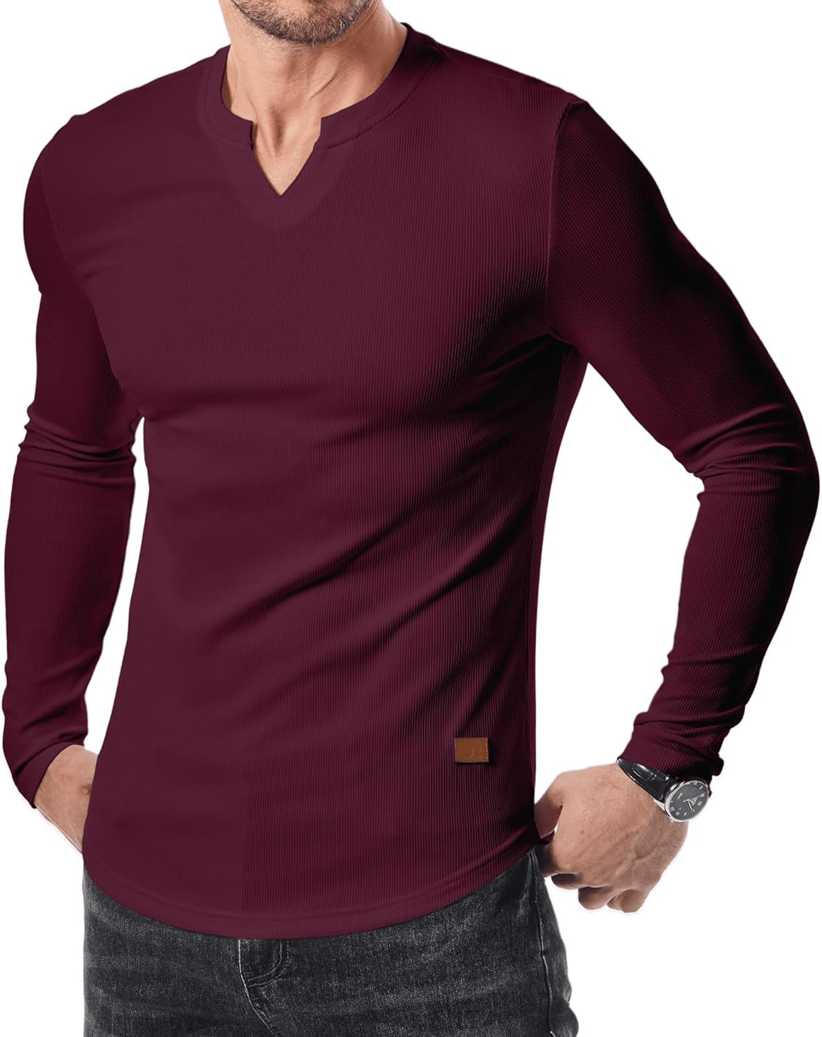 Men’s Slim-Fit V-Neck Long Sleeve T-Shirt – Casual Stretch Layering Top