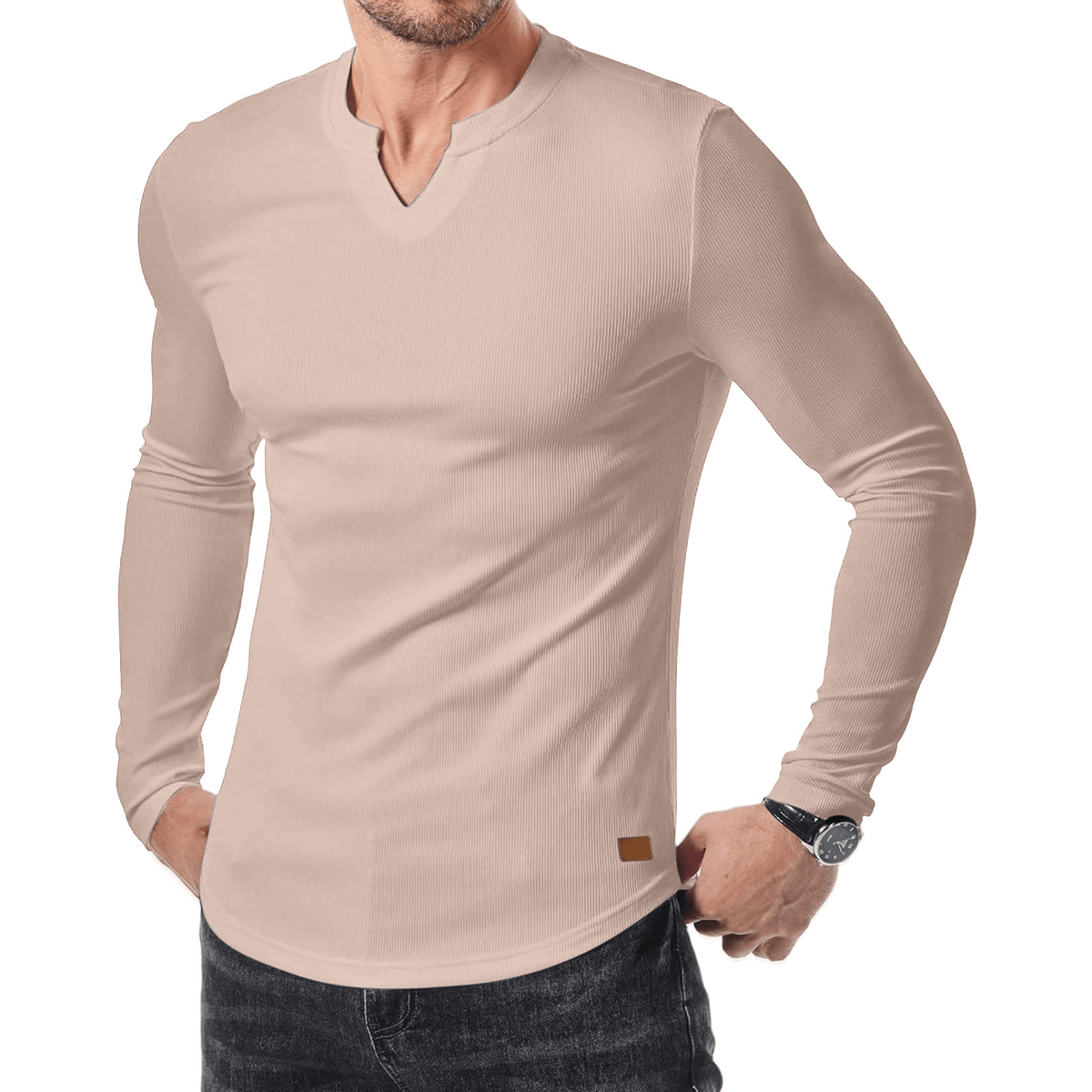 Men’s Slim-Fit V-Neck Long Sleeve T-Shirt – Casual Stretch Layering Top