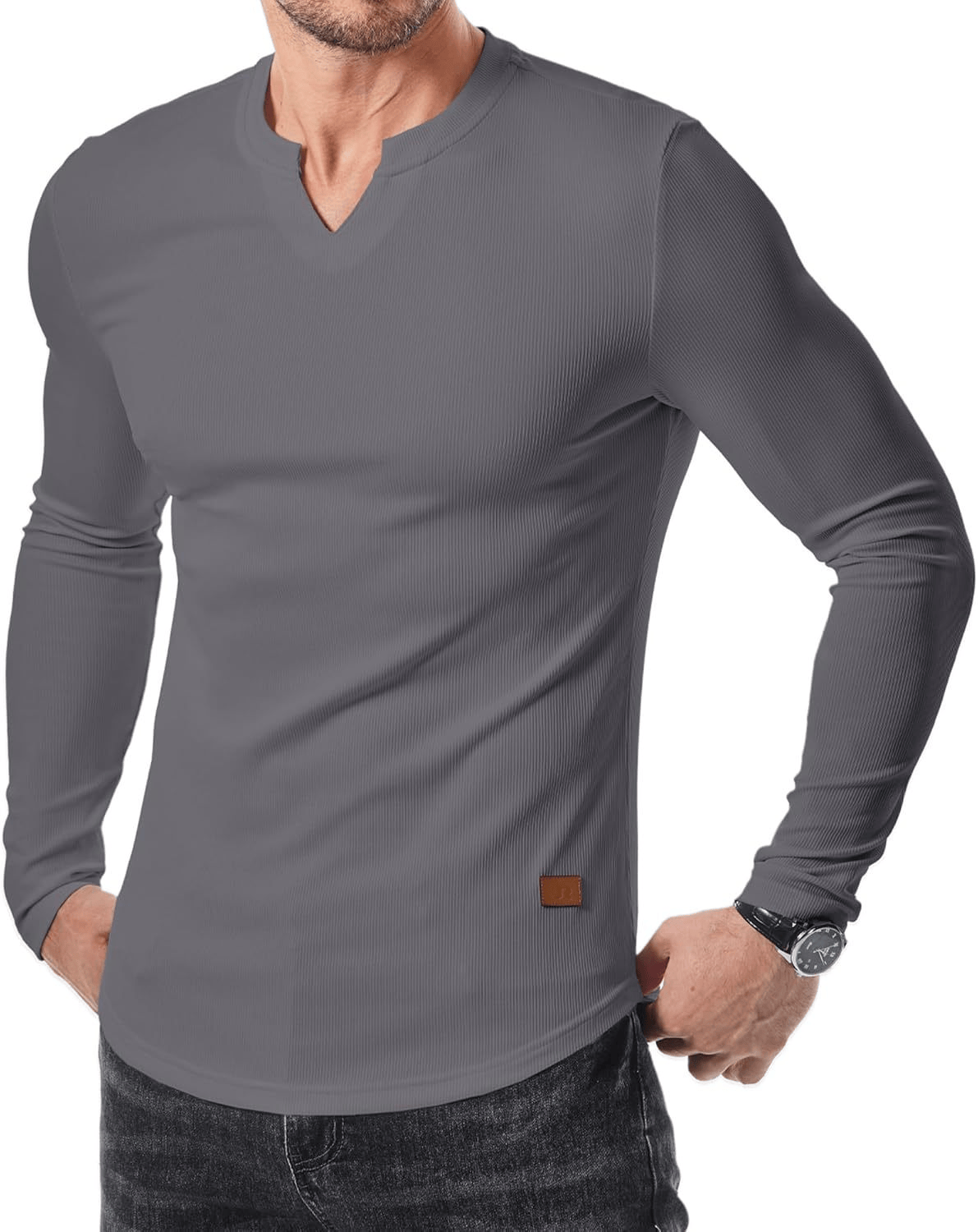 Men’s Slim-Fit V-Neck Long Sleeve T-Shirt – Casual Stretch Layering Top